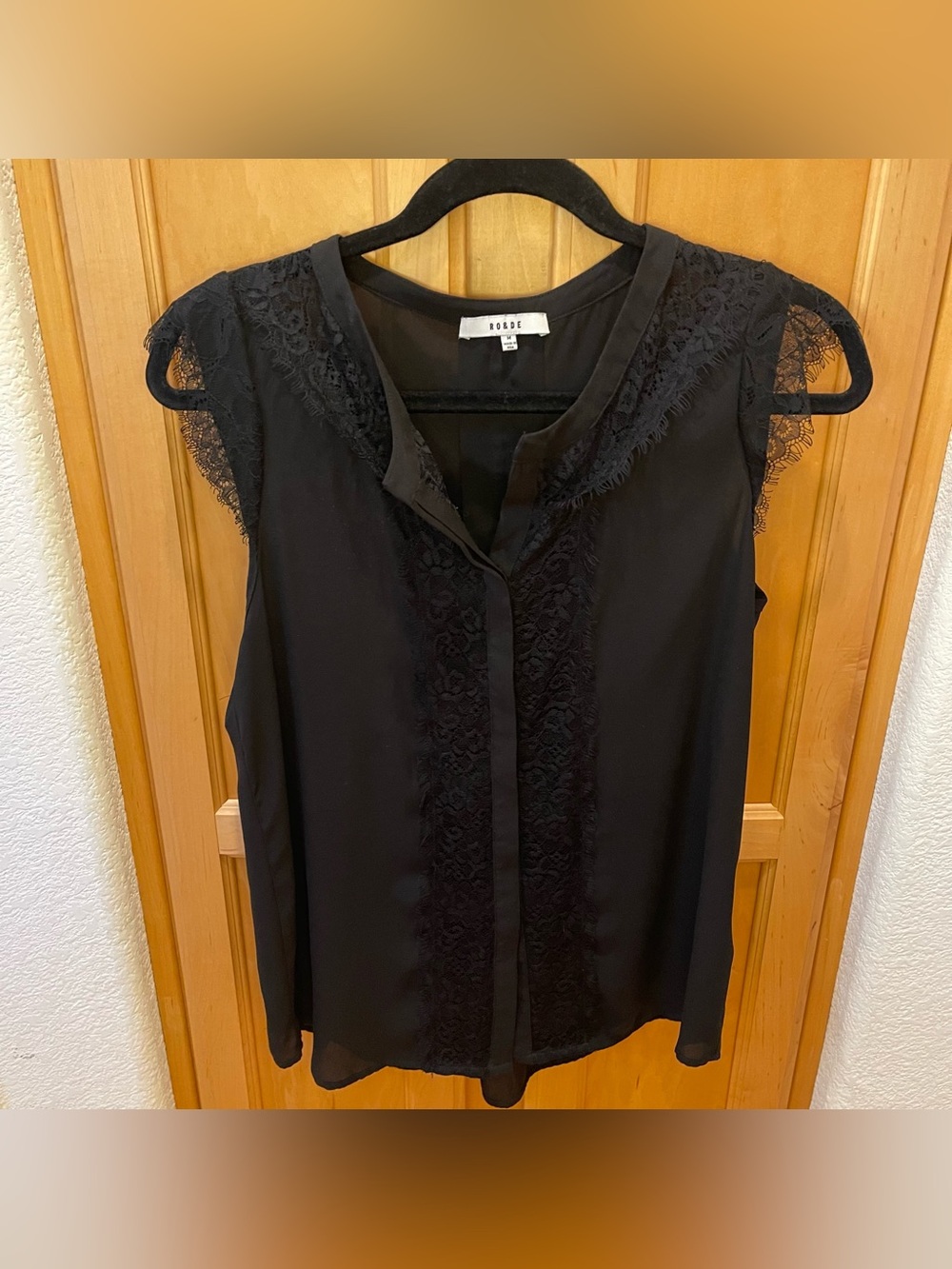 RO&DE Women’s Black Chiffon Lace Front Sleeveless Blouse Top Medium Made in USA